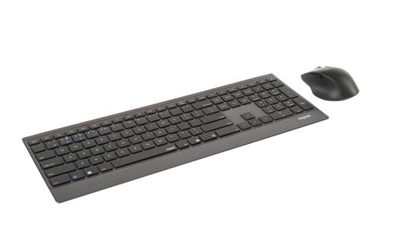 Rapoo 9500M, Full størrelse (100 og), Trådløs, RF trådløs + Bluetooth, QWERTY, Svart, Mus inkludert