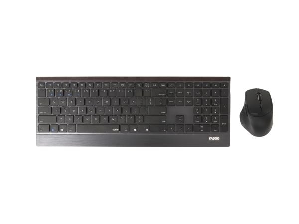 Rapoo 9500M, Full størrelse (100 og), Trådløs, RF trådløs + Bluetooth, QWERTY, Svart, Mus inkludert