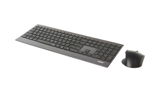 Rapoo 9500M, Full størrelse (100 og), Trådløs, RF trådløs + Bluetooth, QWERTY, Svart, Mus inkludert