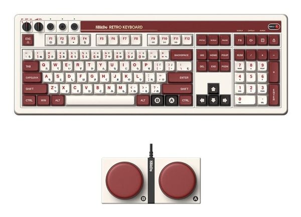 8Bitdo Retro 108, Täysikokoinen (100 %), Langallinen & langaton, USB + RF Wireless + Bluetooth, Mekaaninen, Burgundi, Valkoinen
