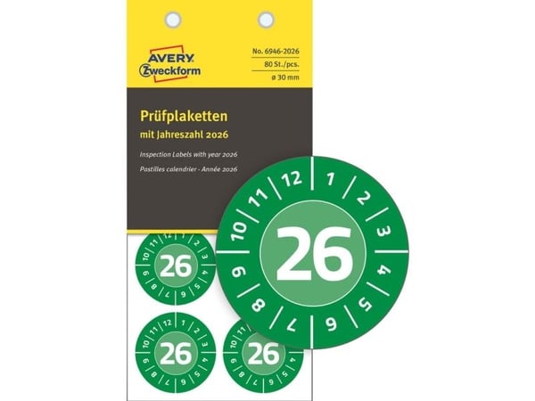 Inspektionsetiketter, Avery, 6946-2026 30x30mm green, antal etiketter pr. ark : 8 pakke a 10 stk