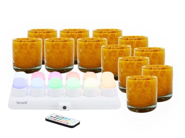 Securit® sett 12 stk. AYLA glasholdere og LED telys, oransje/farget lys