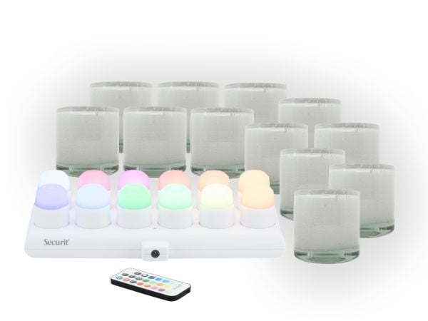 Securit® sett 12 stk. MANI glasholder og LED telys, hvit/12 farger + hvitt lys