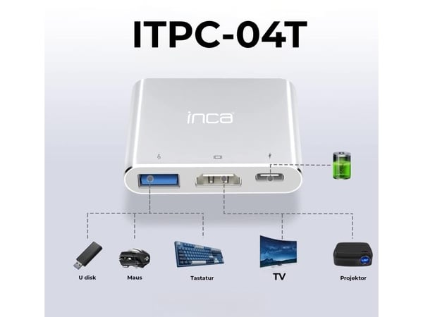 Inca ITPC-04T, USB Type-C, HDMI, Thunderbolt 3, USB 3.2 Gen 1 (3.1 Gen 1) Type-A, 5000 Mbit/s, 30 Hz, 2160p, 3840 x 2160 pikseliä