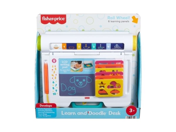 Fisher-Price Learn & Doodle Desk, Mess-Free Writing & Drawing-tegnetavle med LCD-skjerm for barn, 3 år, Batterier kreves, LR44, Plast, Flerfarget