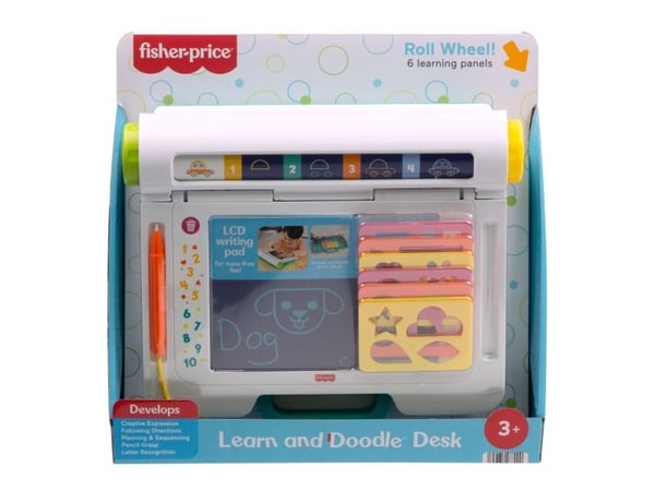 Fisher-Price Learn & Doodle Desk, Mess-Free Writing & Drawing-tegnetavle med LCD-skjerm for barn, 3 år, Batterier kreves, LR44, Plast, Flerfarget