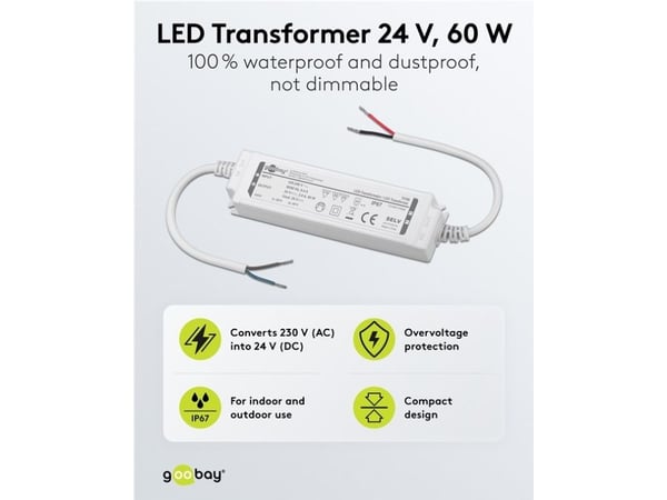 Goobay 74769, Elektronisk lystransformator, Hvit, IP67, -20 - 45 °C, 60 W, 220 - 240 V