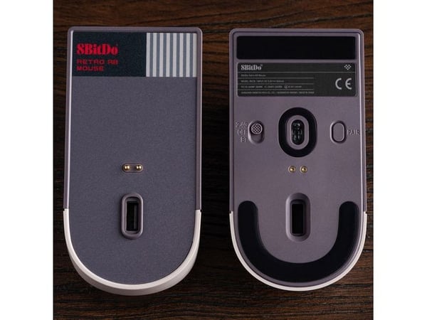 8Bitdo Retro R8 Mouse N Edition, Ambidekstriøs, Optisk, RF Wireless + Bluetooth + USB Type-C, 26000 DPI, Grå, Hvit