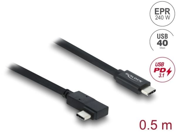 Delock - USB-kabel - USB-C (hann) rett til USB-C (hann) venstre/høyre-vinklet - USB 3.2 / Thunderbolt 3 - 48 V - 5 A - 50 cm - up to 40 Gbps data t...