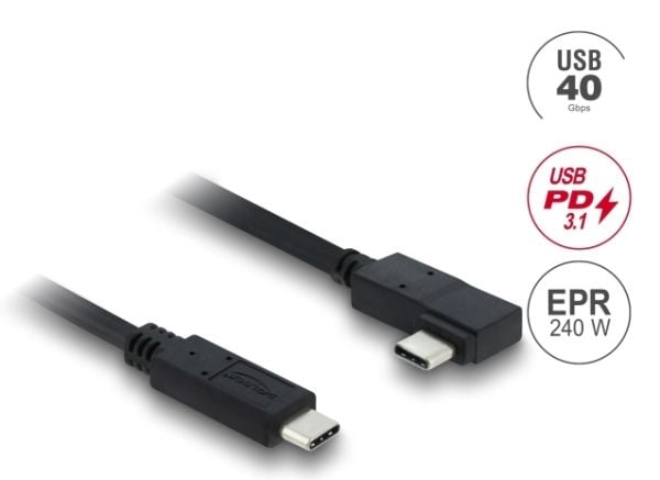 Delock - USB-kabel - USB-C (hann) rett til USB-C (hann) venstre/høyre-vinklet - USB 3.2 / Thunderbolt 3 - 48 V - 5 A - 1 m - up to 40 Gbps data tra...