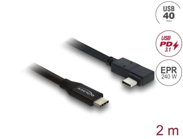 Delock - USB-kabel - USB-C (hann) til USB-C (hann) vinklet - USB 3.2 / Thunderbolt 3 - 48 V - 5 A - 2 m - USB Power Delivery (240 W), up to 40 Gbps...