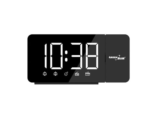 Digitaalinen LED-hälytyskello projektorilla GreenBlue, FM-radio, hälytys, kello 12/24, virta USB 5V DC + CR2032, GB172
