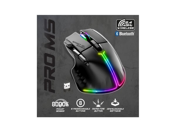 Spirit of Gamer PRO M5 DARK WIRELESS, Oikeakätinen, Optinen, RF Wireless + Bluetooth + USB Type-C, 8000 DPI, musta