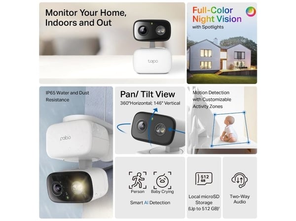 TP-Link Tapo C206, IP-sikkerhetskamera, Innendørs, Trådløs, Bord, Hvit, IP65