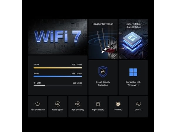Mercusys MA37BE, Koblet med ledninger (ikke trådløs), PCI Express, WLAN / Bluetooth, Wi-Fi 7 (802.11be)
