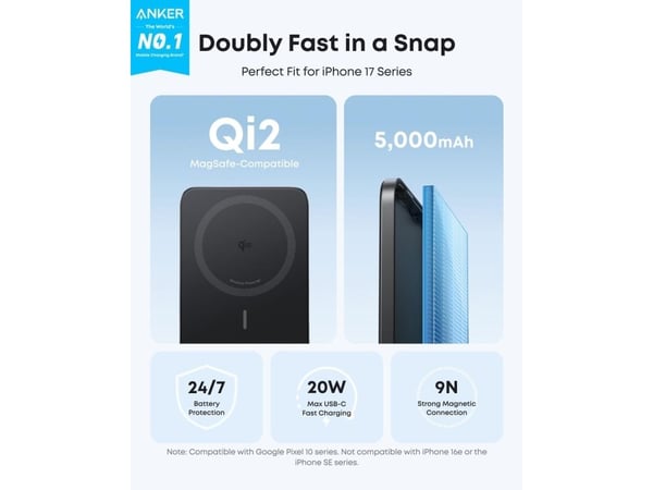 Anker A1665, 5000 mAh, Langaton lataaminen, musta
