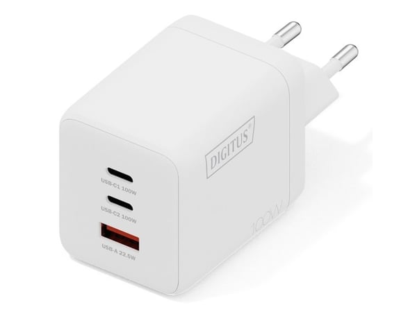 Digitus - Strømadapter - GaN - 100 watt - 2 A - 3 utgangskontakter (2 x USB-C, USB) - hvit