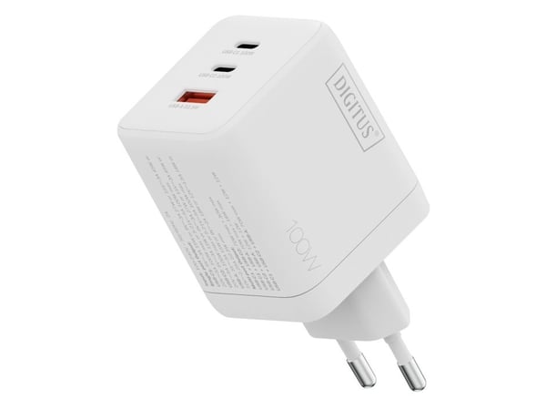 Digitus - Strømadapter - GaN - 100 watt - 2 A - 3 utgangskontakter (2 x USB-C, USB) - hvit