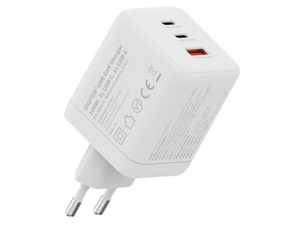 Digitus - Strømadapter - GaN - 100 watt - 2 A - 3 utgangskontakter (2 x USB-C, USB) - hvit