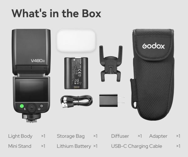 Godox V480, 1,7 s, Trådløse forbindelser, 32 kanaler, 361 g, Kompakt blits