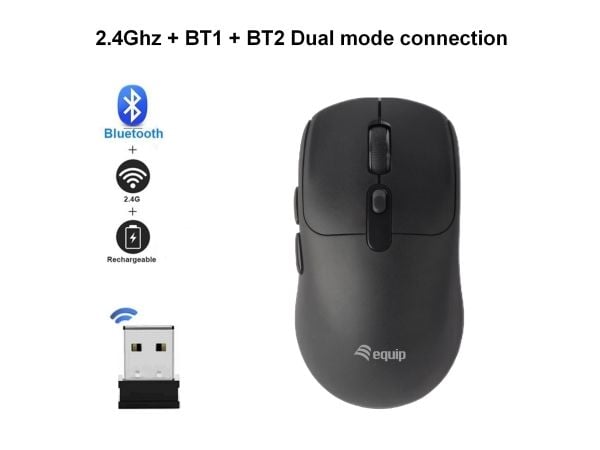 Equip 245123, Ambidekstriøs, Optisk, RF trådløs + Bluetooth, 1600 DPI, Svart