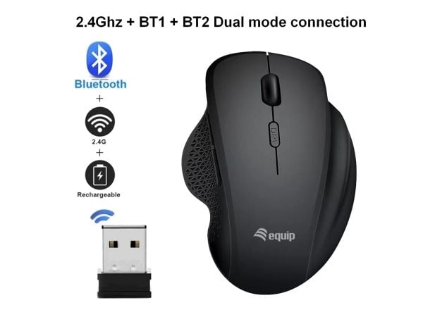 Equip 245121, Oikeakätinen, Optinen, RF Wireless + Bluetooth, 1600 DPI, musta