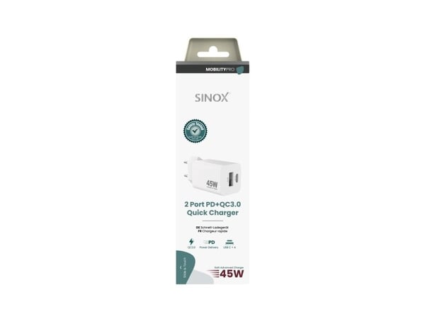 Sinox PRO väggladdare USB-A+USB-C PD 45W. Vit, inomhus, AC, 20 V, Vit