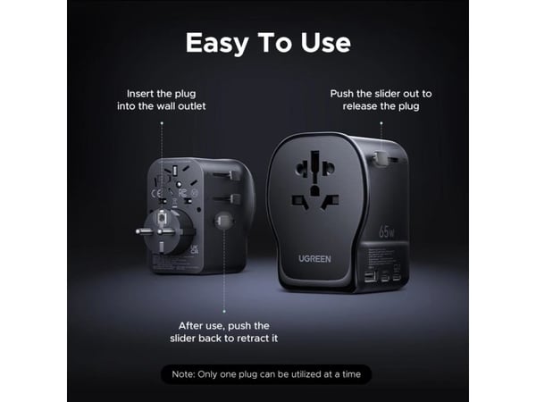 Ugreen - Strømadapter - 65 watt - 10 A - 4 utgangskontakter (2 x USB-C, USB, AC-kontakt)