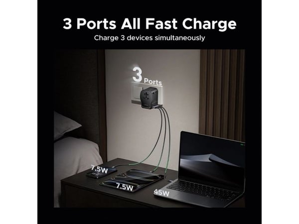 Ugreen - Strømadapter - 65 watt - 10 A - 4 utgangskontakter (2 x USB-C, USB, AC-kontakt)