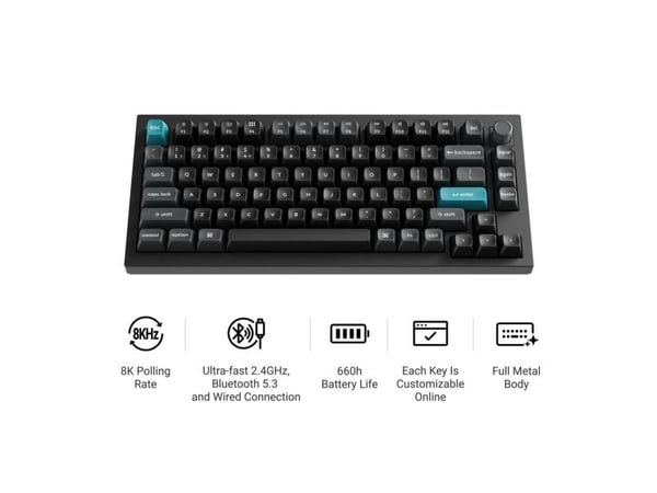 Keychron Q1 Ultra 8K, 75%, Ledning & Trådløs, USB + RF Wireless + Bluetooth, Mekanisk nøkkelbryter, RGB LED, Svart