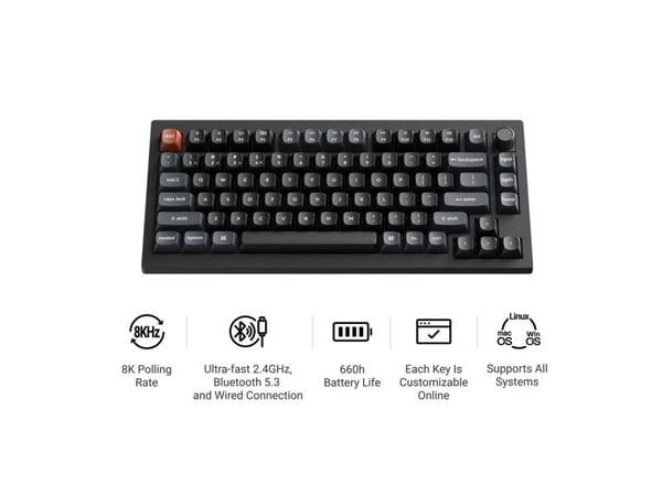 Keychron V1 Ultra 8K, Ledning & Trådløs, Bluetooth, Mekanisk nøkkelbryter, QWERTY, RGB LED, Svart