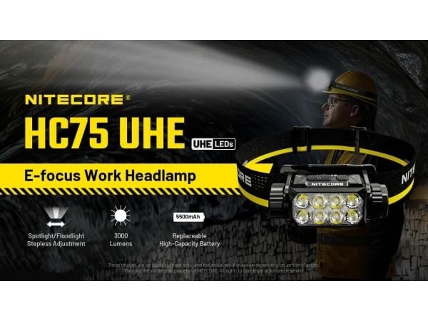 Nitecore HC75 UHE, Hodebåndslommelykt, Svart, Gult, Aluminium, Polykarbonat (PC), Knapper, IP68, LED