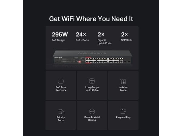 Mercusys MS128GP, Gigabit Ethernet (10/100/1000), Strøm over Ethernet (PoE), Stativ-montering, 1U