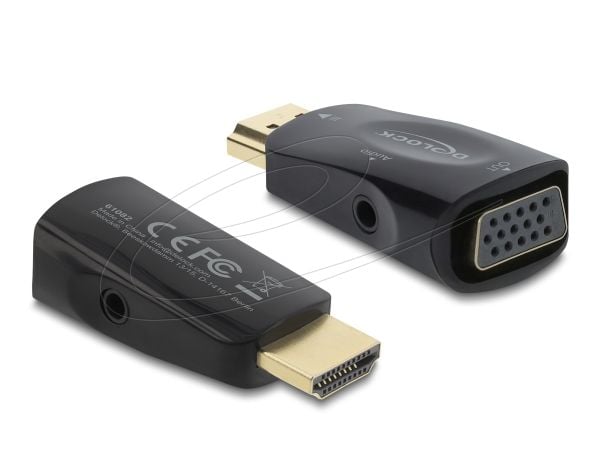 Delock - Video/audio-adapter - HDMI hann til 15 pin D-Sub (DB-15), mini-phone stereo 3.5 mm hunn - svart - 1080p støtte 60 Hz