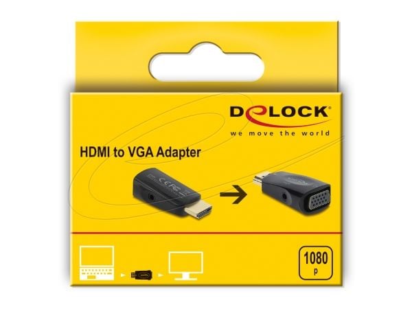 Delock - Video/audio-adapter - HDMI hann til 15 pin D-Sub (DB-15), mini-phone stereo 3.5 mm hunn - svart - 1080p støtte 60 Hz