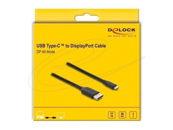Delock USB Type-C - DisplayPort-kaapeli (DP Alt Mode) 8K 60 Hz HDR-toiminnolla 2 m musta