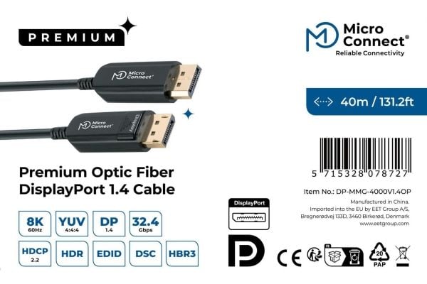 Microconnect DP-MMG-4000V1.4OP, 40 m, DisplayPort, DisplayPort, Hankjønn, Hankjønn, 7680 x 4320 piksler