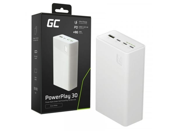 Greencell PowerPlay 30 hvit powerbank 30 000 mAh, 22,5 W, 4 porter