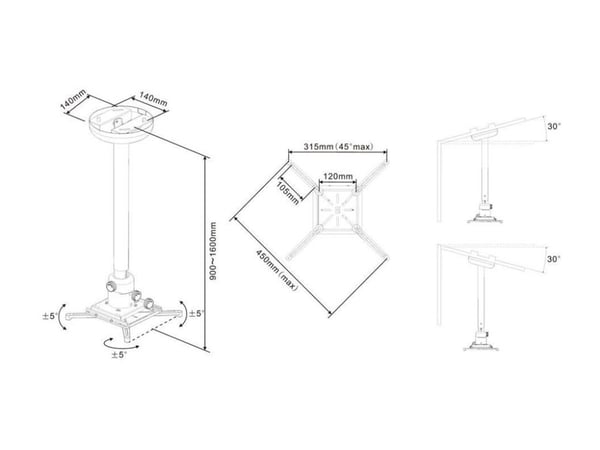 Multibrackets M Universal Projector Ceiling Mount 900-1600 with Fine tune - Monteringssett (takmontering) - for projektor - aluminium - hvit - takm...