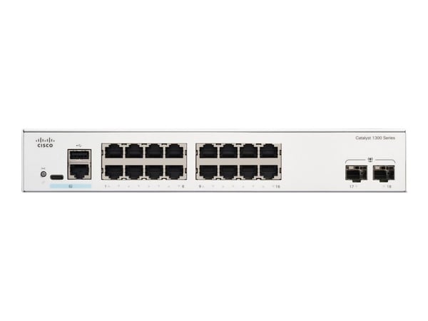 Cisco Catalyst 1300-16T-2G - Switch - L3 - Styrt - 16 x 10/100/1000Base-T + 2 x Gigabit Ethernet SFP - rackmonterbar