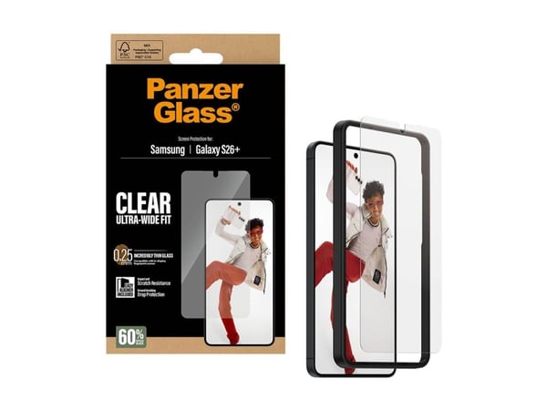 PanzerGlass skjermbeskyttelsesglass Samsung Galaxy S26+ | U-Wide Fit m. EasyAligner