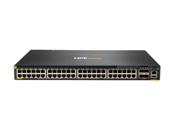 HPE Aruba 6300M - Switch - L3 - Administrerad - 48 x 10/100/1000 (PoE+) + 4 x 1 Gb/10 Gb/25 Gb/50 Gb SFP56 (upplänk/stapling) - framsidan och sida ...