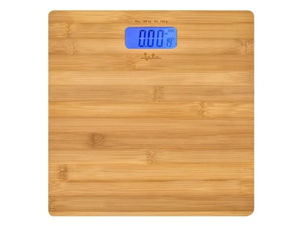 JATA HBAS1489, Sähkökäyttöinen henkilövaaka, 180 kg, 100 g, Bamboo, kg/lb, Neliö