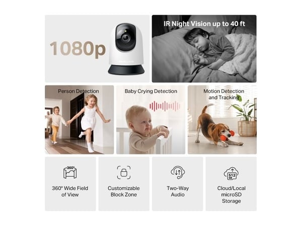 Mercusys MC200, Innendørs, CE, NCC, BSMI, NTRA, KC, RCM, ONVIF, Tak/bord, Sort, Hvit, Lyspære, 87°
