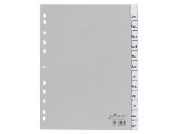 Durable 6410-10, Blank faneindeks, Polypropylen (PP), Grå, Portrett, A4, 230 mm