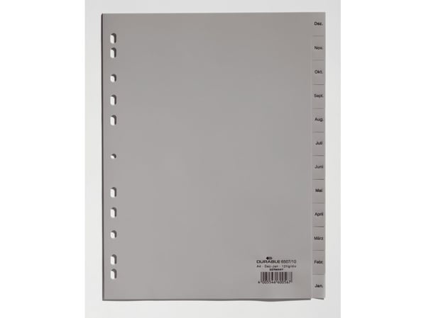 Durable 6507-10, Månedlig faneindeks, Polypropylen (PP), Grå, Portrett, A4, 230 mm