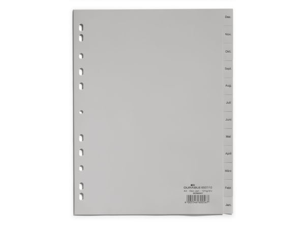 Durable 6507-10, Månedlig faneindeks, Polypropylen (PP), Grå, Portrett, A4, 230 mm