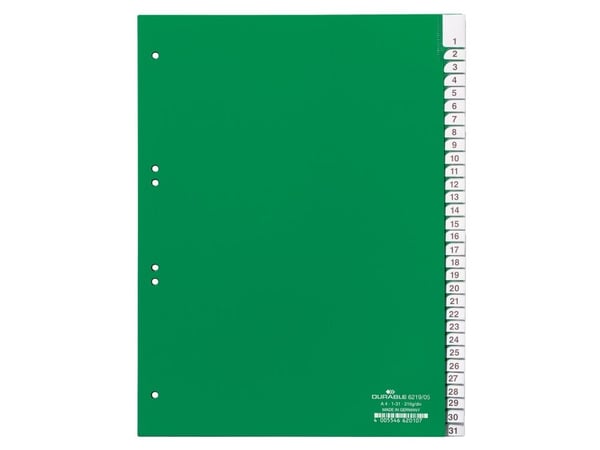 Durable 6219-05, Numerisk faneindeks, Grønn, Portrett, A4, 2, 4, 6, 230 mm