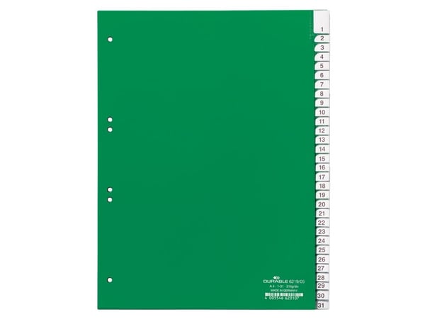 Durable 6219-05, Numerisk faneindeks, Grønn, Portrett, A4, 2, 4, 6, 230 mm