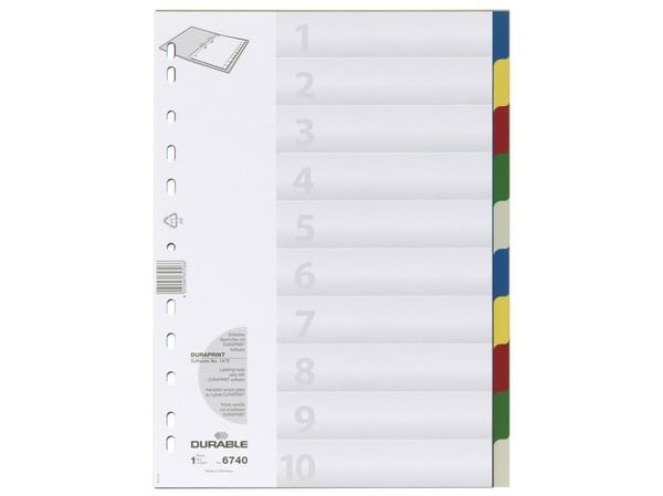 Durable 6740, Blank faneindeks, Polypropylen (PP), Flerfarget, Portrett, A4, 220 mm